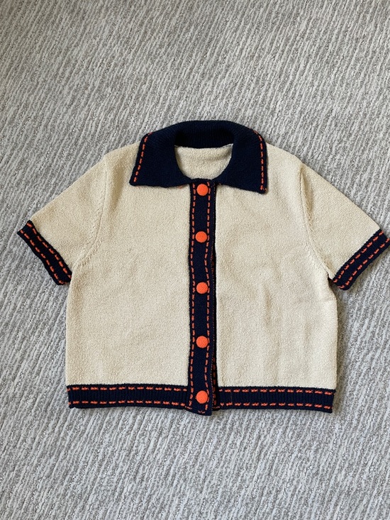 Sweaters - Cream Short-Sleeve Knit Cardigan with Navy Trim and Orange Accents